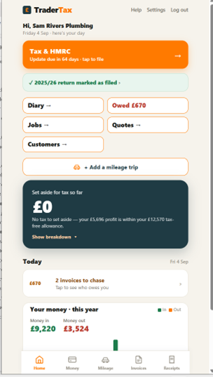 TraderTax dashboard: estimated tax figure, money in and money out, and today's jobs