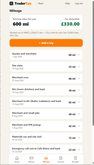 TraderTax mileage list with the tax-deductible amount to claim